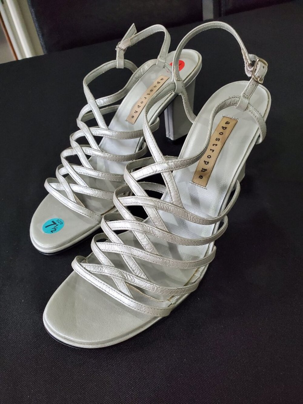 Excellent Used Apostrophe Silver Strappy 3.3" Block Heel Sandals Size 7.5